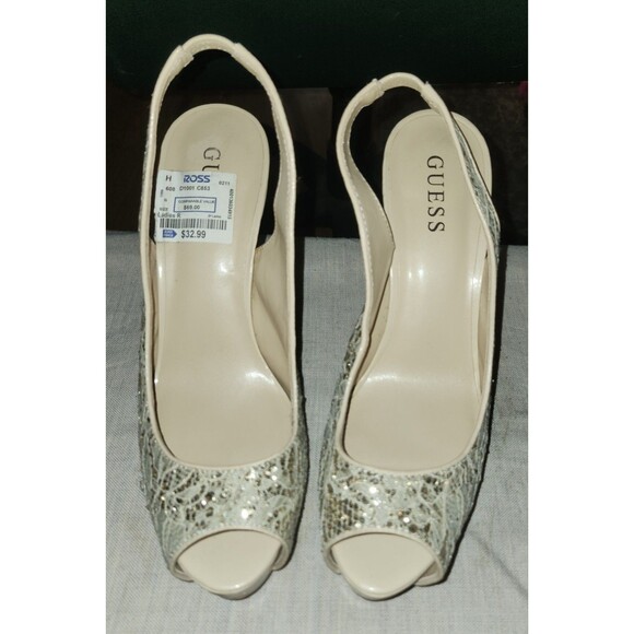 Guess Nude Glitter And Lace Sling Back Peep Toe,5 Inch Stiletto Heel Size 8.5 - Picture 2 of 6